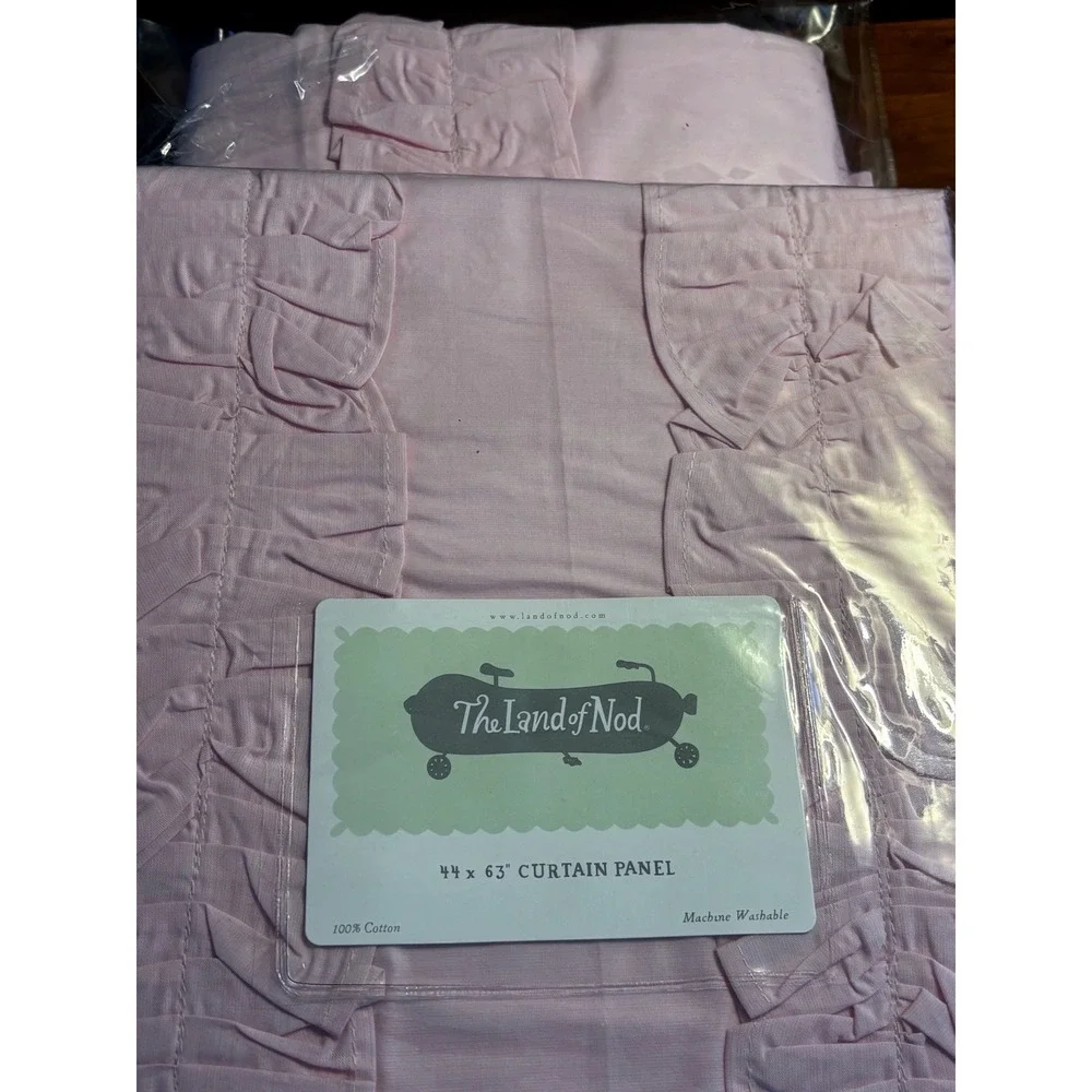 The Land of Nod Pink Chambray Ruffle Curtain Panels (2) 44 x 63 100% Cotton NIP